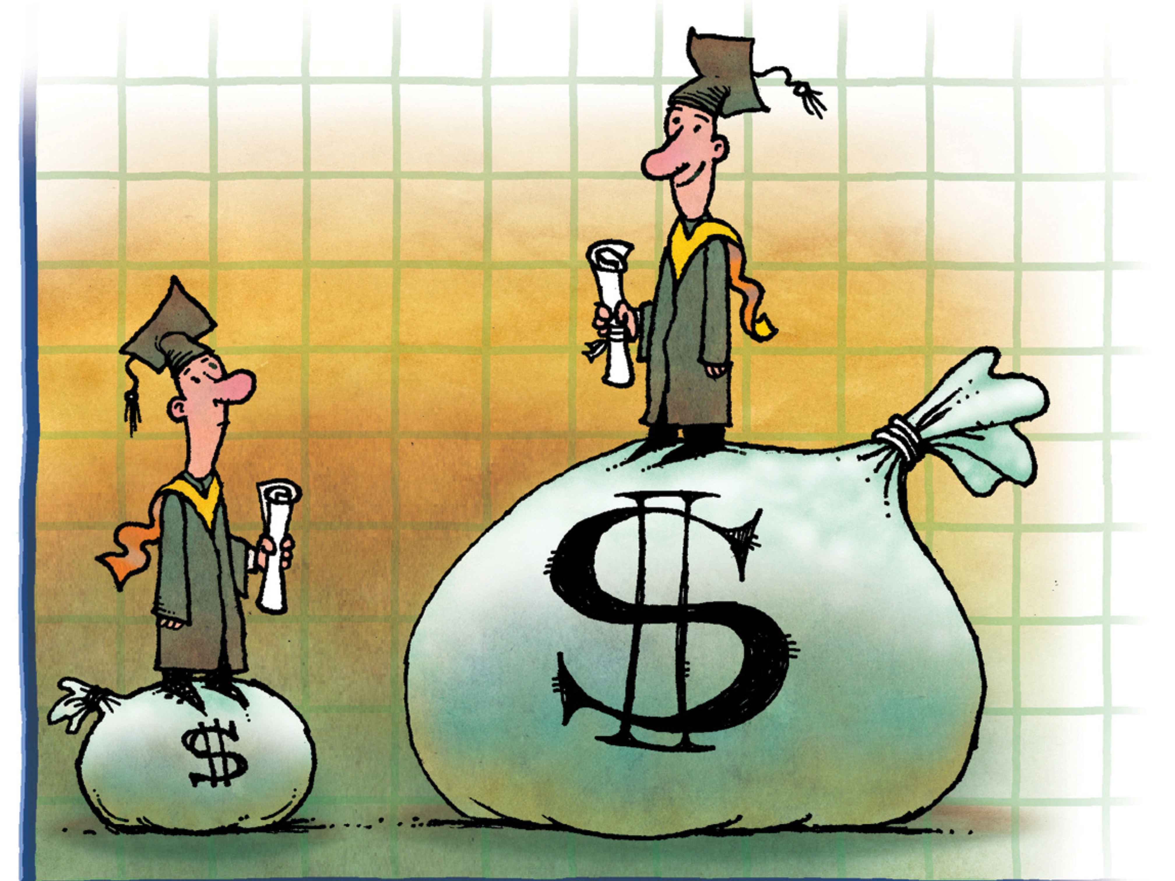 Illustration of one person standing on small money bag, one standing on a big one