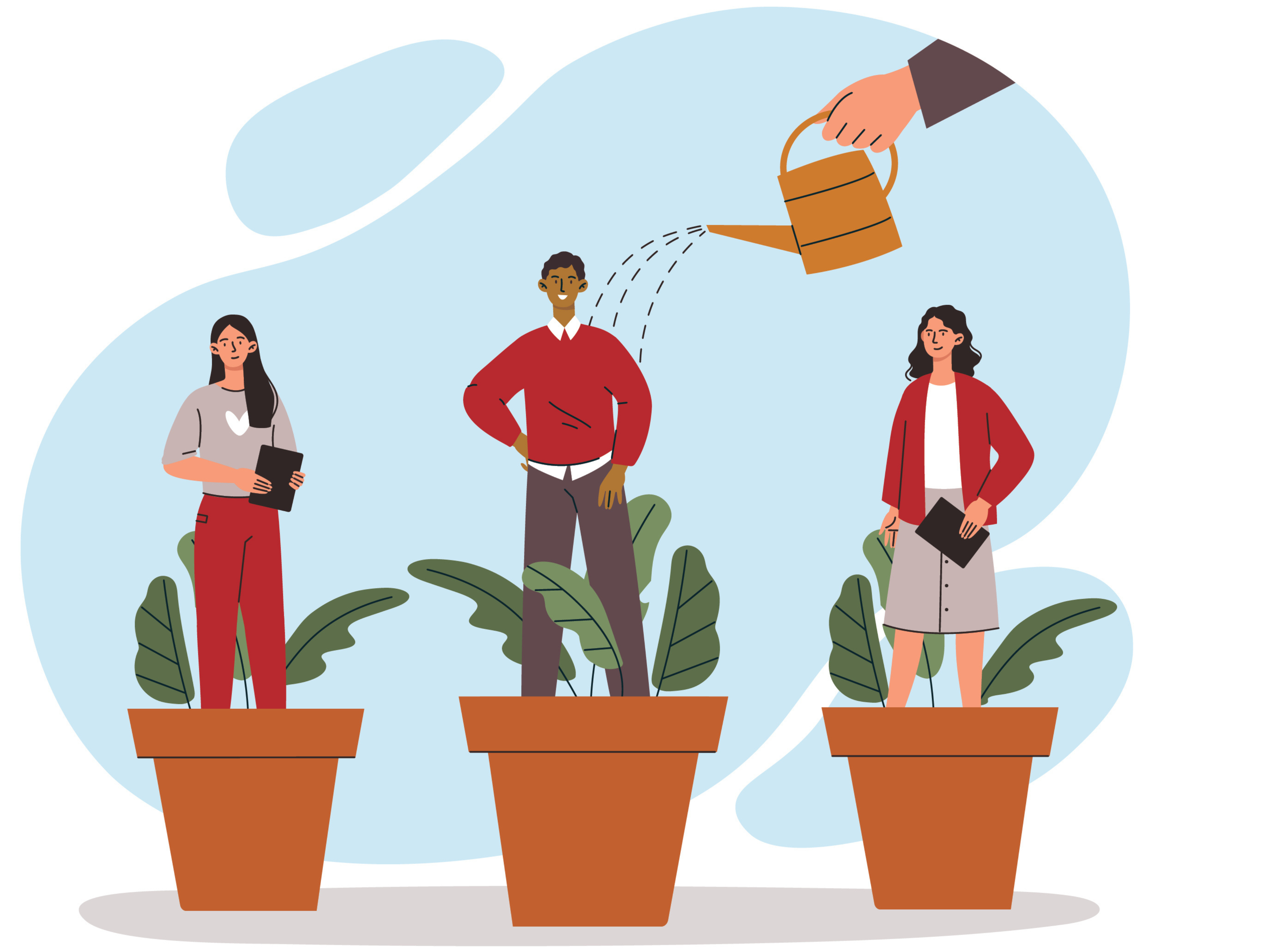People standing in plant pots being watered