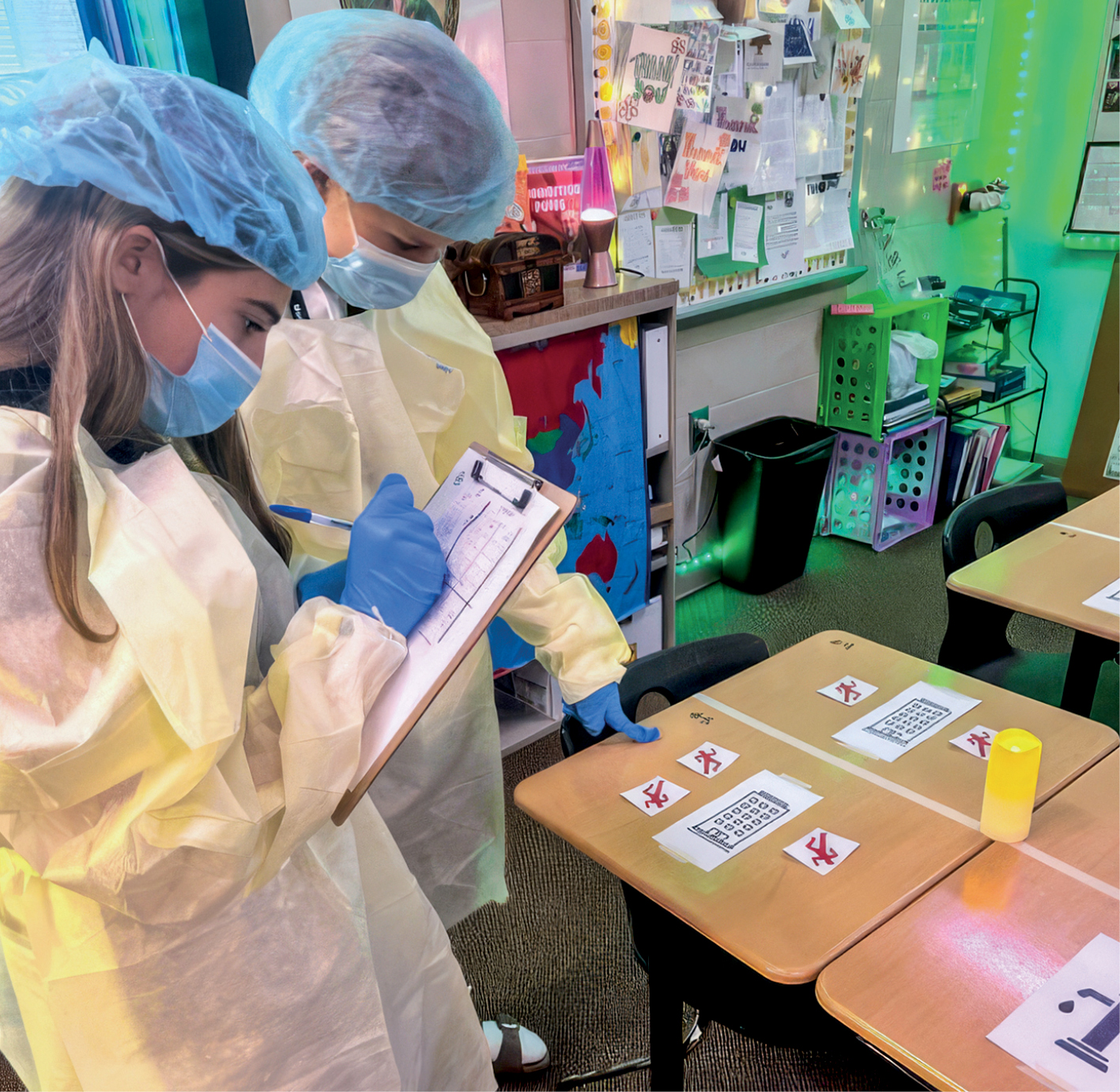 Two students wearing lab coats, gloves and masks, doing a project