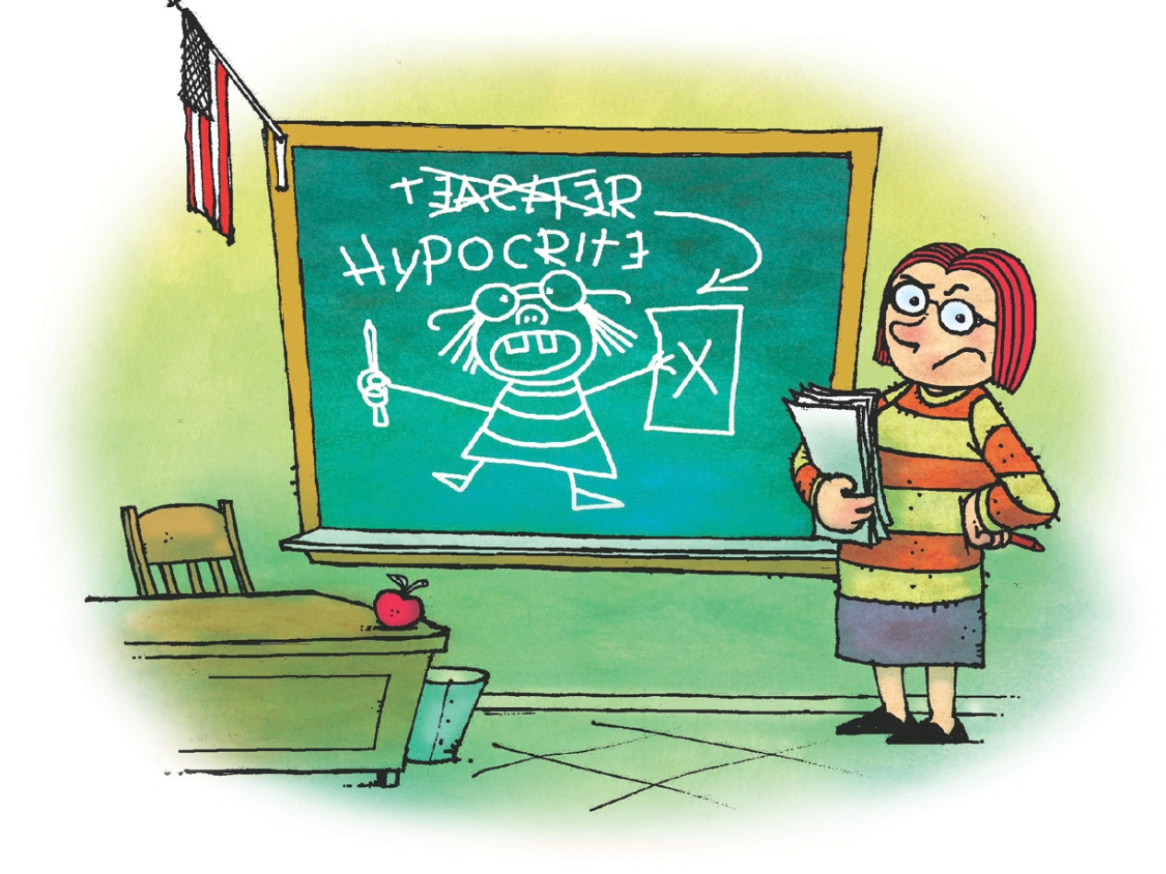 Illustration of teacher at blackboard with drawing of her depicted as a hypocrite