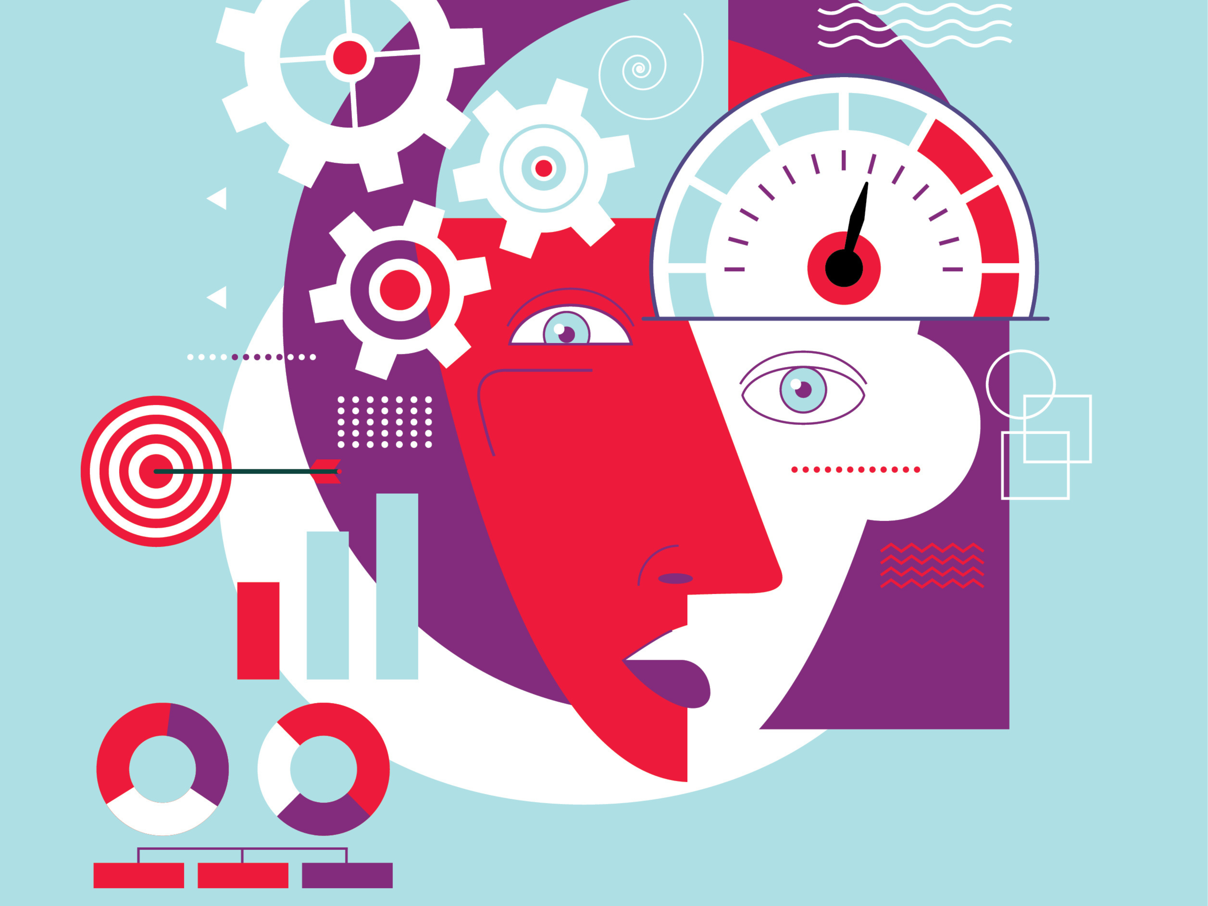 Illustration of face with cogs and measurement tools