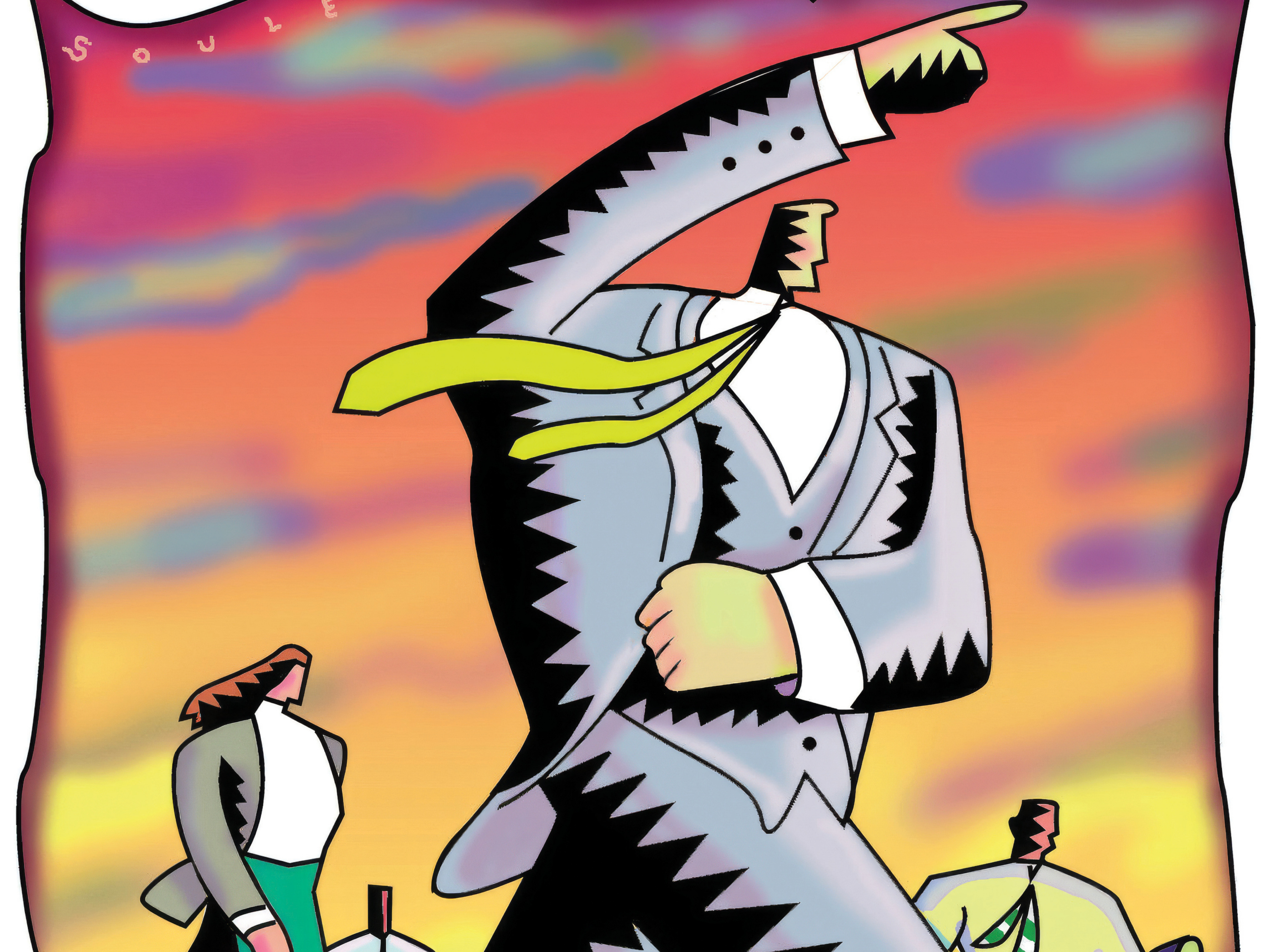 Illustration of a man in a suit pointing forward and walking with others behind him