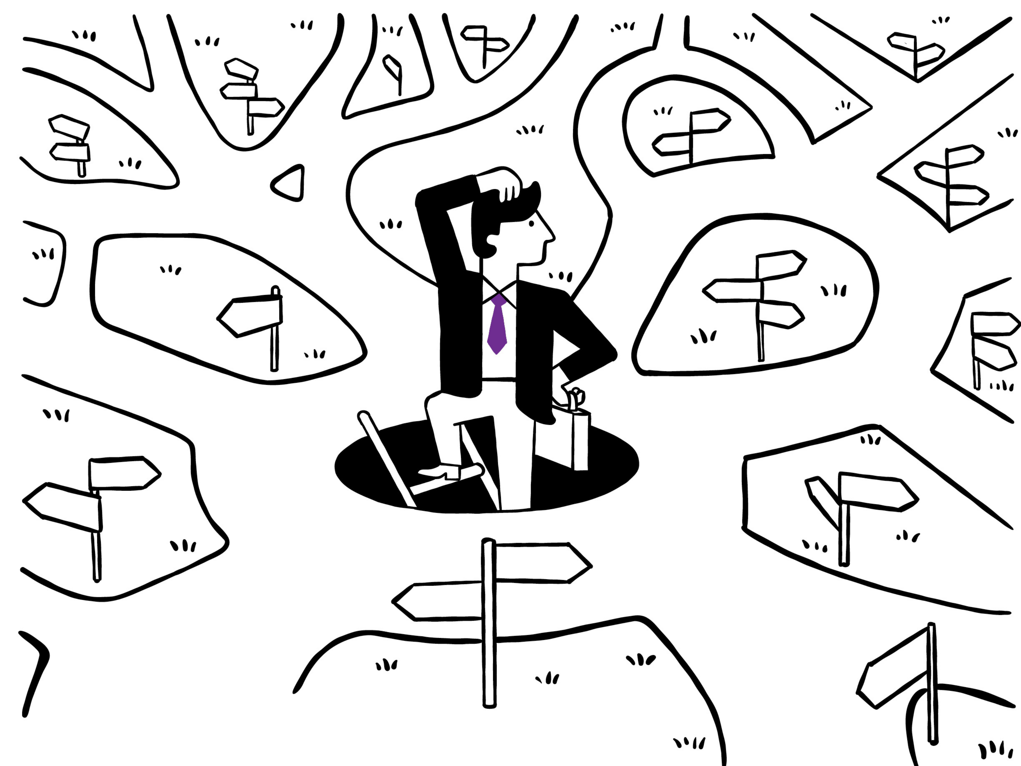 Illustration of man coming out of sinkhole with lots of directional signs around him pointing different ways