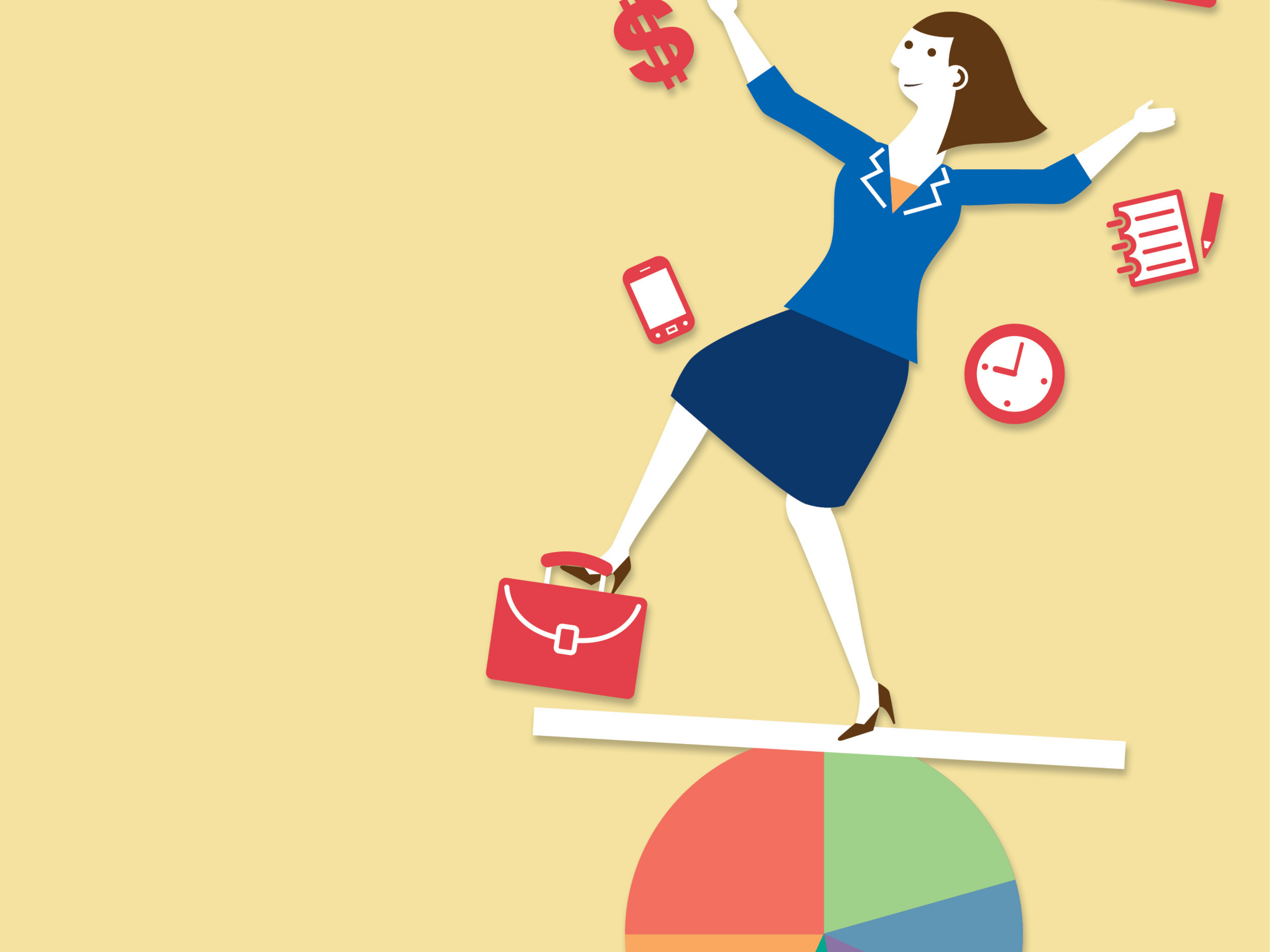 illustration of woman balancing on a pie chart