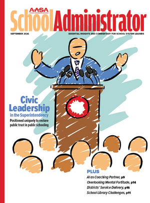 September 2026 cover illustration of man at podium