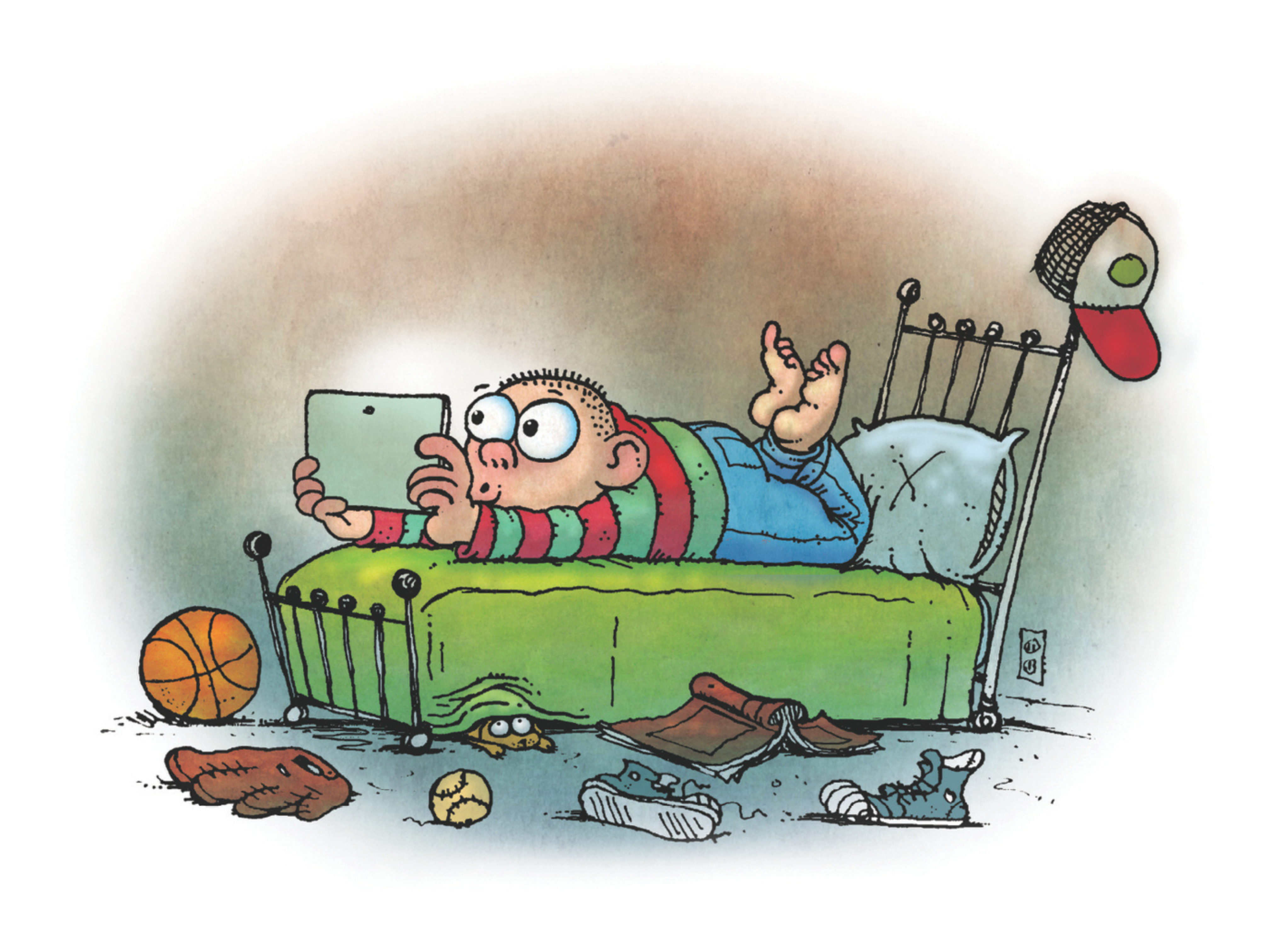 Illustration of a boy lying on bed staring at iPad