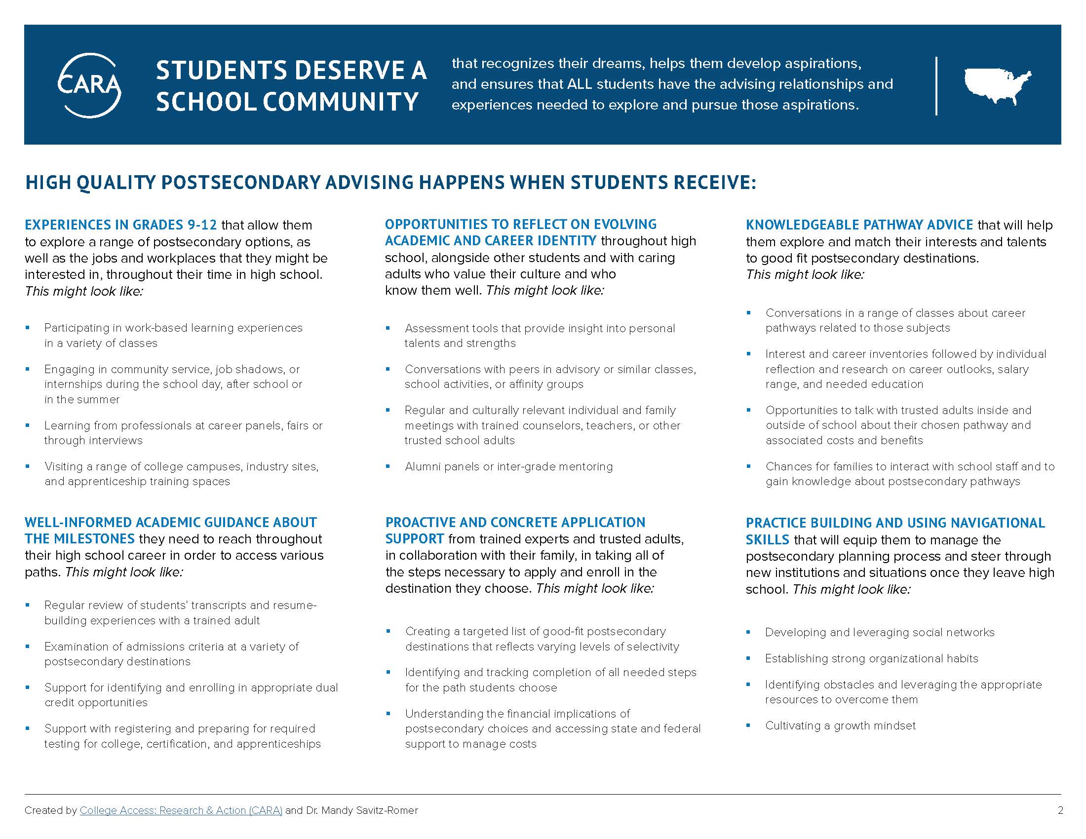 High Quality College and Career Advising Framework - Students Deserve a School Community